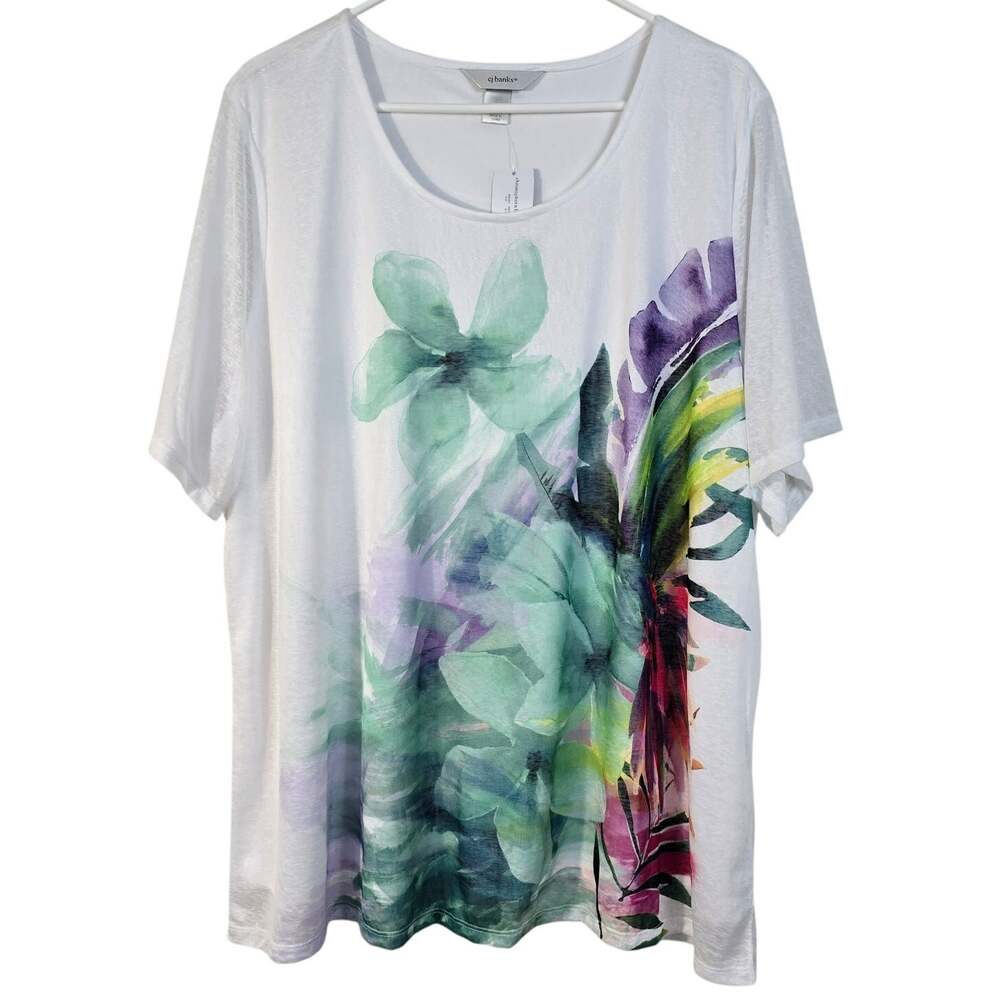 CJ Banks Shirt Women's 2X White Watercolor Tropical Floral Summer Coastal Casual